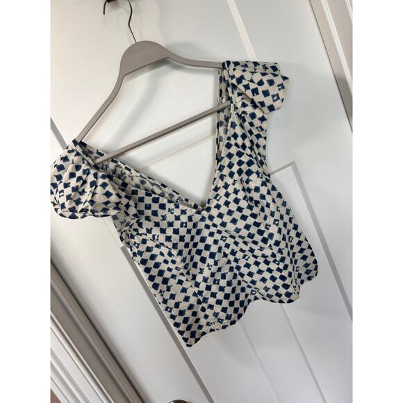 Madewell Women's‎ Shibori Print Cotton V-Back Cropped Top White Blue Size 10 - Picture 3 of 13